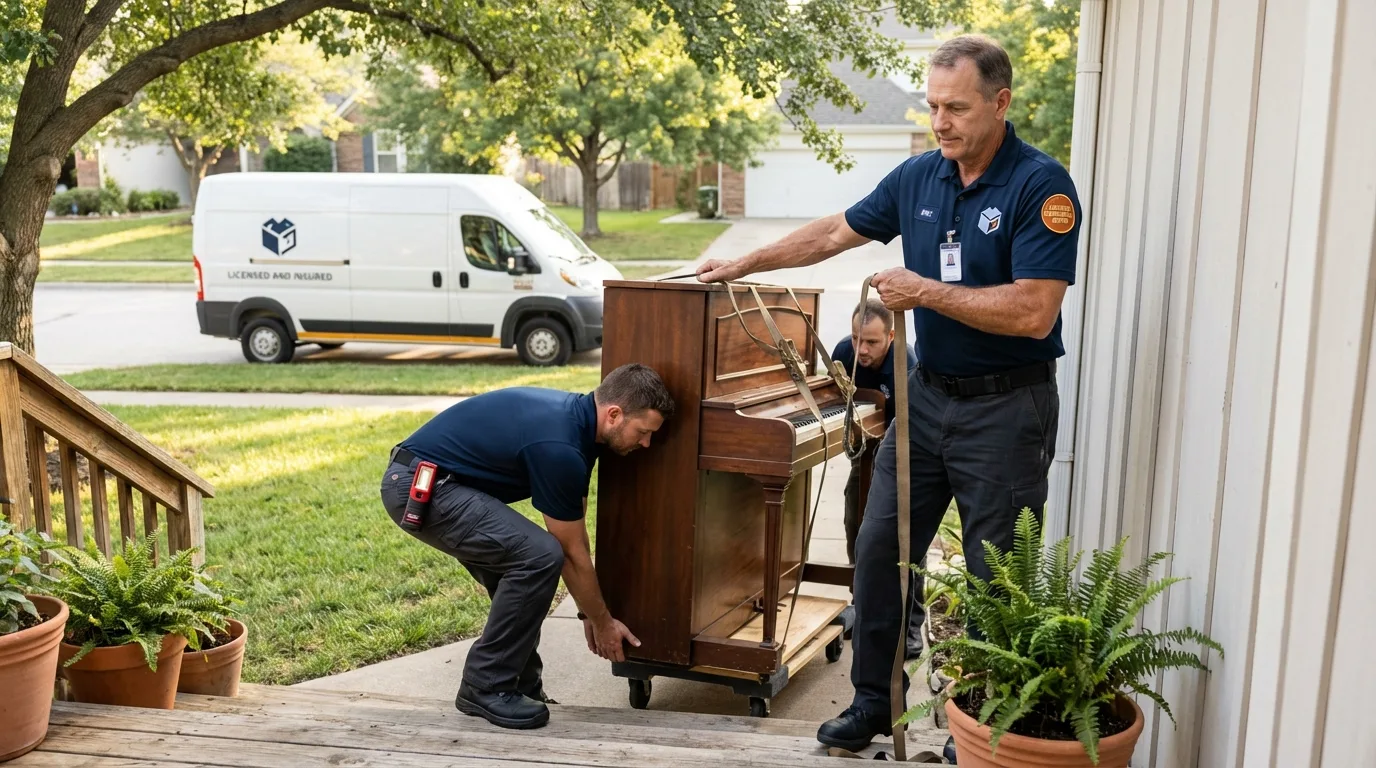 Licensed piano movers securing grand piano in Tehachapi, CA