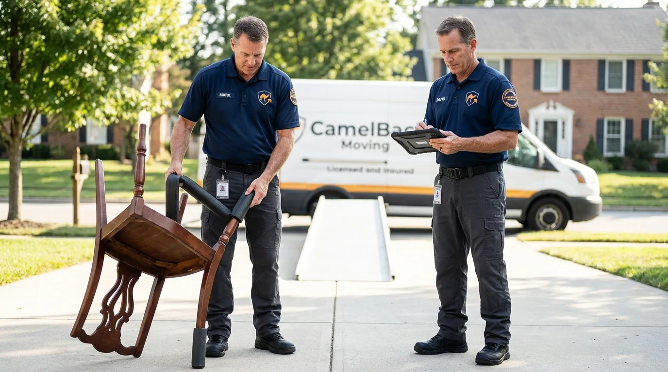 Movers inspecting furniture for damage prevention before loading in Tehachapi, CA