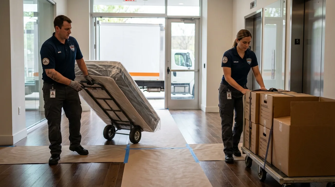 Professional apartment movers loading elevator in Tehachapi, CA